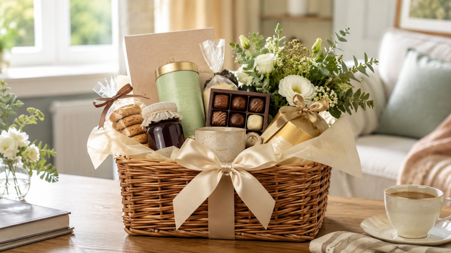 Why a Hamper Is Still One of the Best Gifts to Send in the UK Luxury hamper gift with food drink and flowers in a UK home