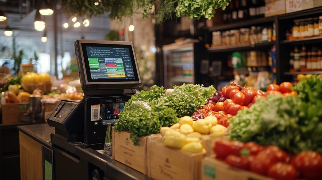 UK Food Inflation Statistics 2026: Latest Monthly Data Editorial close-up of a UK supermarket self-checkout payment machine with fresh groceries in a blurred background.