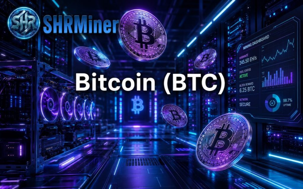 Dashboard displaying daily crypto cloud mining yields and hash rate allocation options on SHRMiner