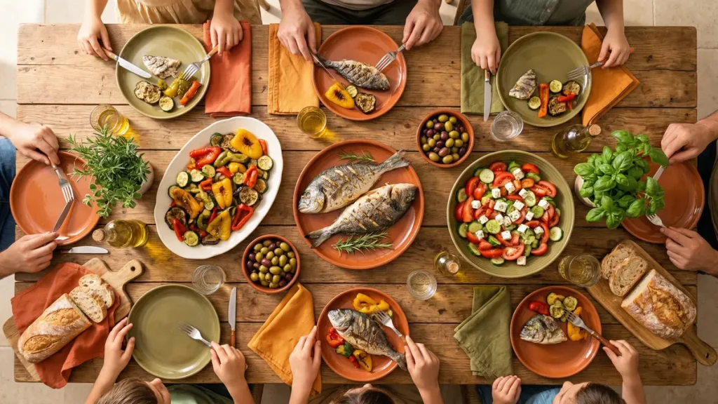 UK family enjoying a Mediterranean-style healthy meal with vegetables, fish and wholegrains