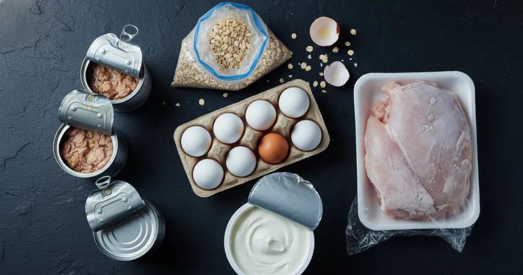 Affordable protein foods including lentils, beans, eggs, chicken, tinned fish and tofu