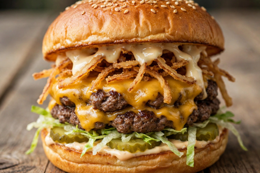 Close-up of a Big Arch-style beef burger with cheese, onions and lettuce