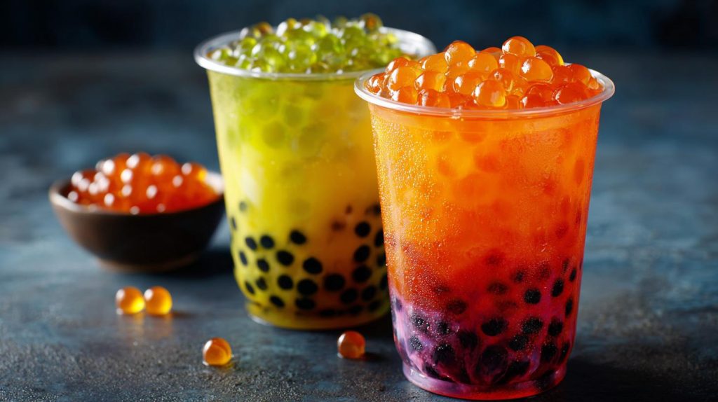 Colourful popping boba pearls in a bubble tea drink, illustrating commercial popping boba sourcing.
